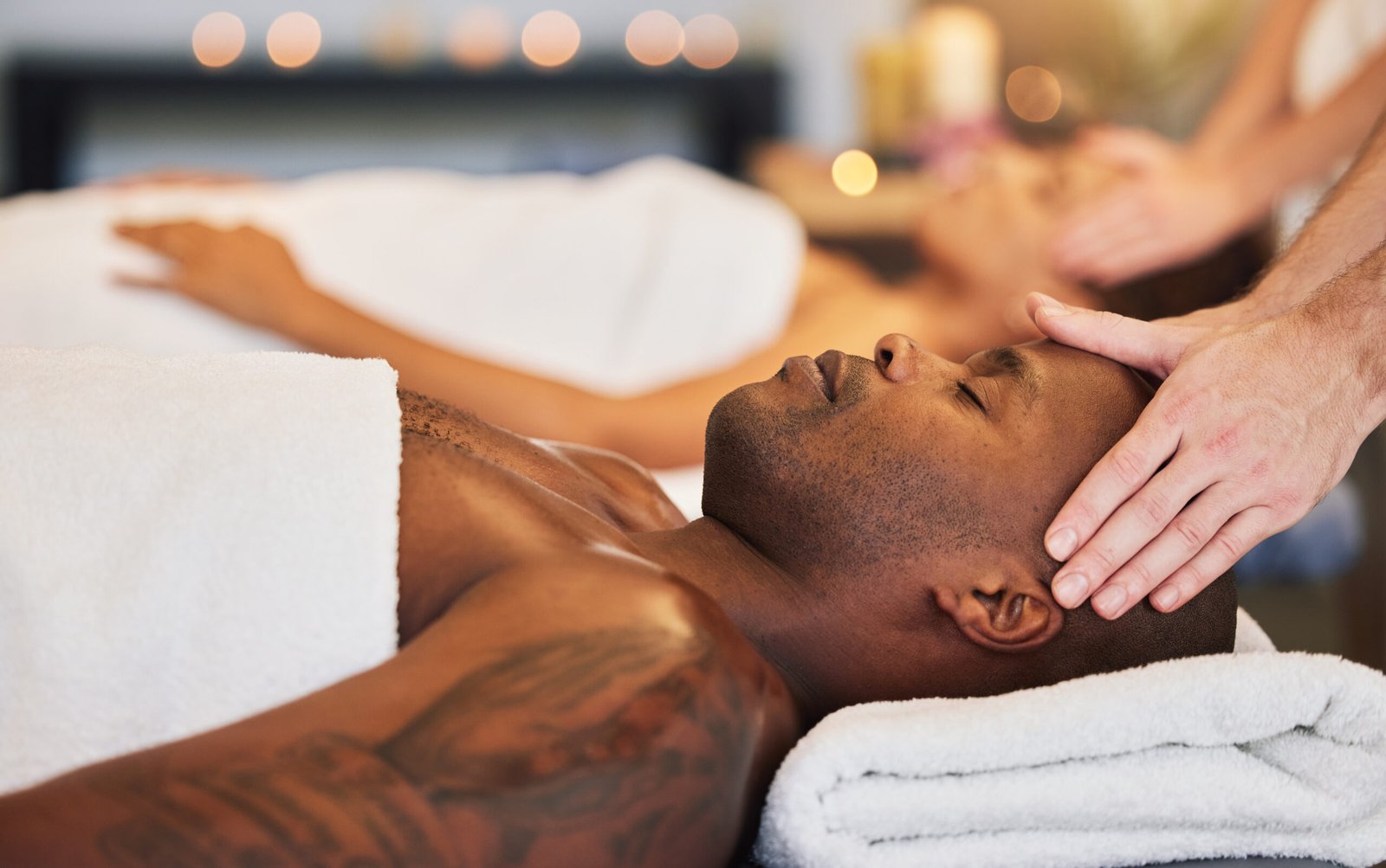 Relax, spa and head massage with couple together for health, beauty and zen therapy
